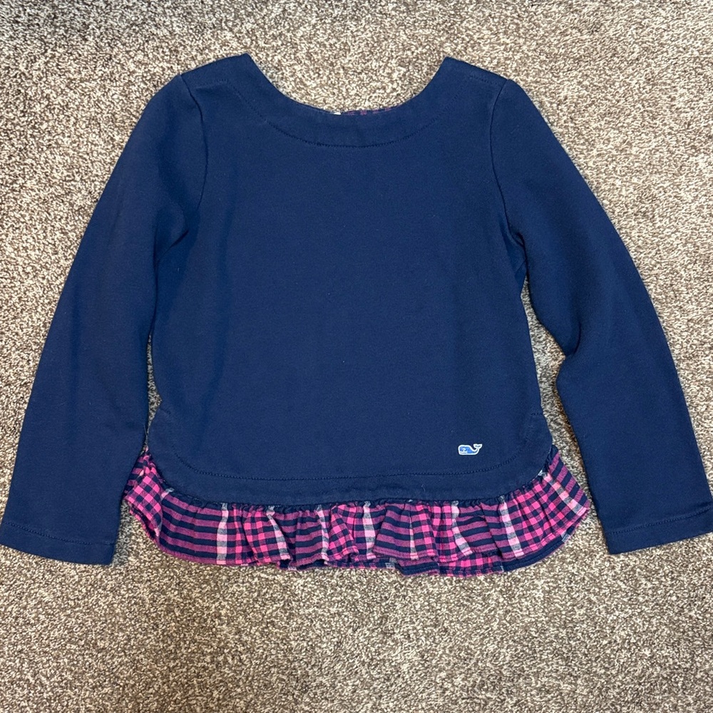 Vineyard Vines girls 5/6 Navy Shirt with Pink Plaid Ruffle